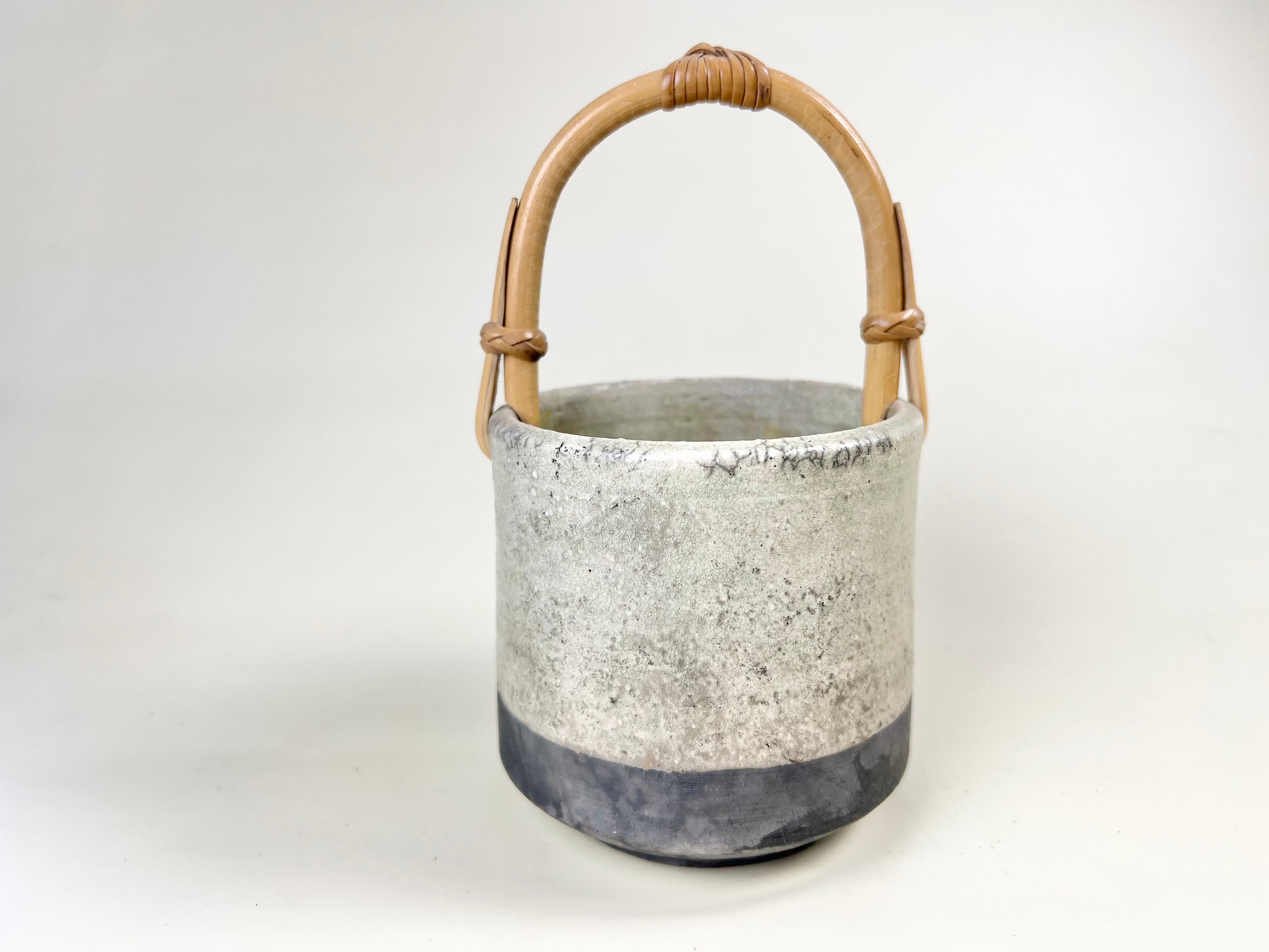 Small Gray Studio Pottery Vessel with Rattan Handle