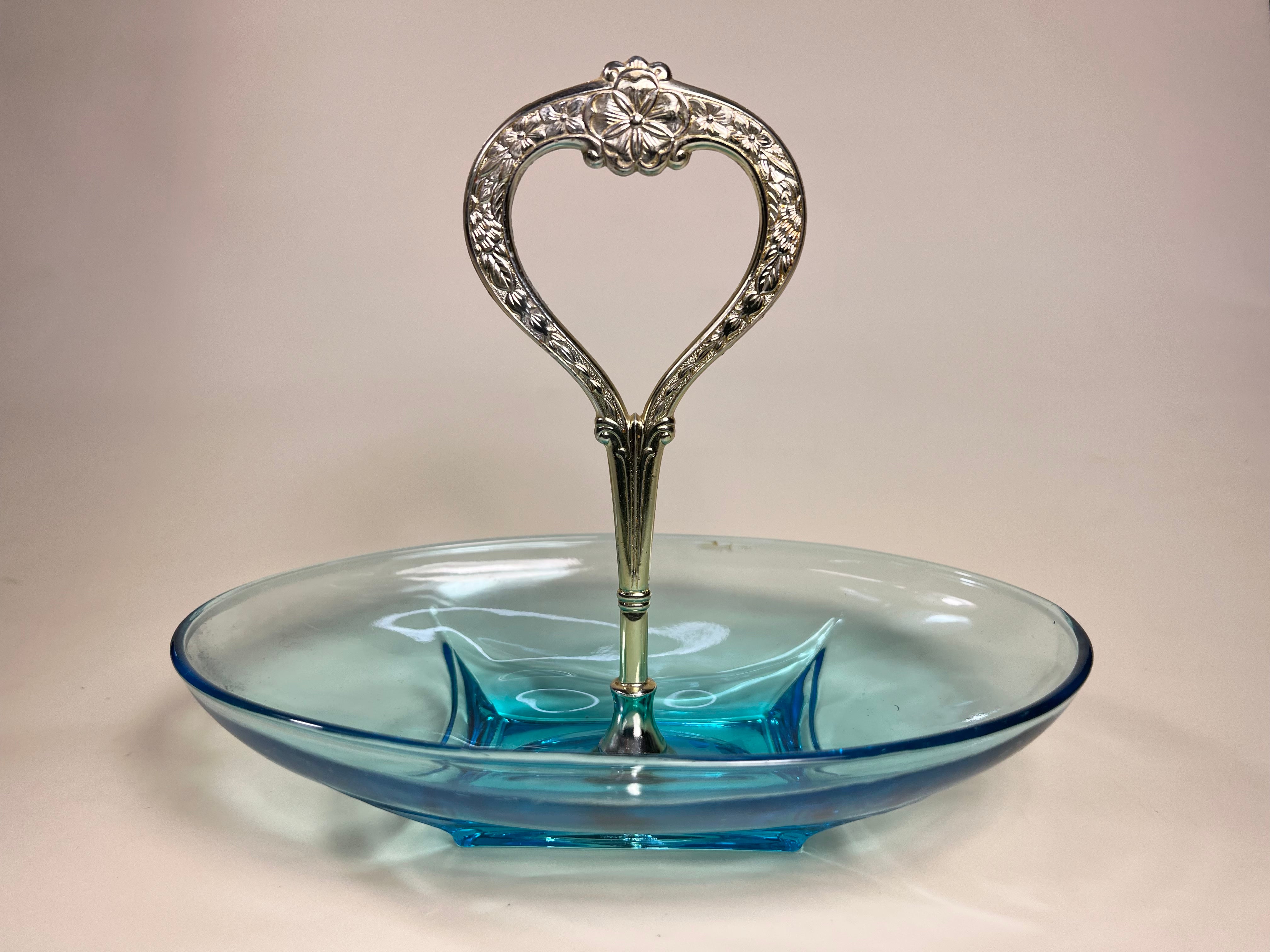 Oblong Blue Glass Catch All Dish with Golden Handle