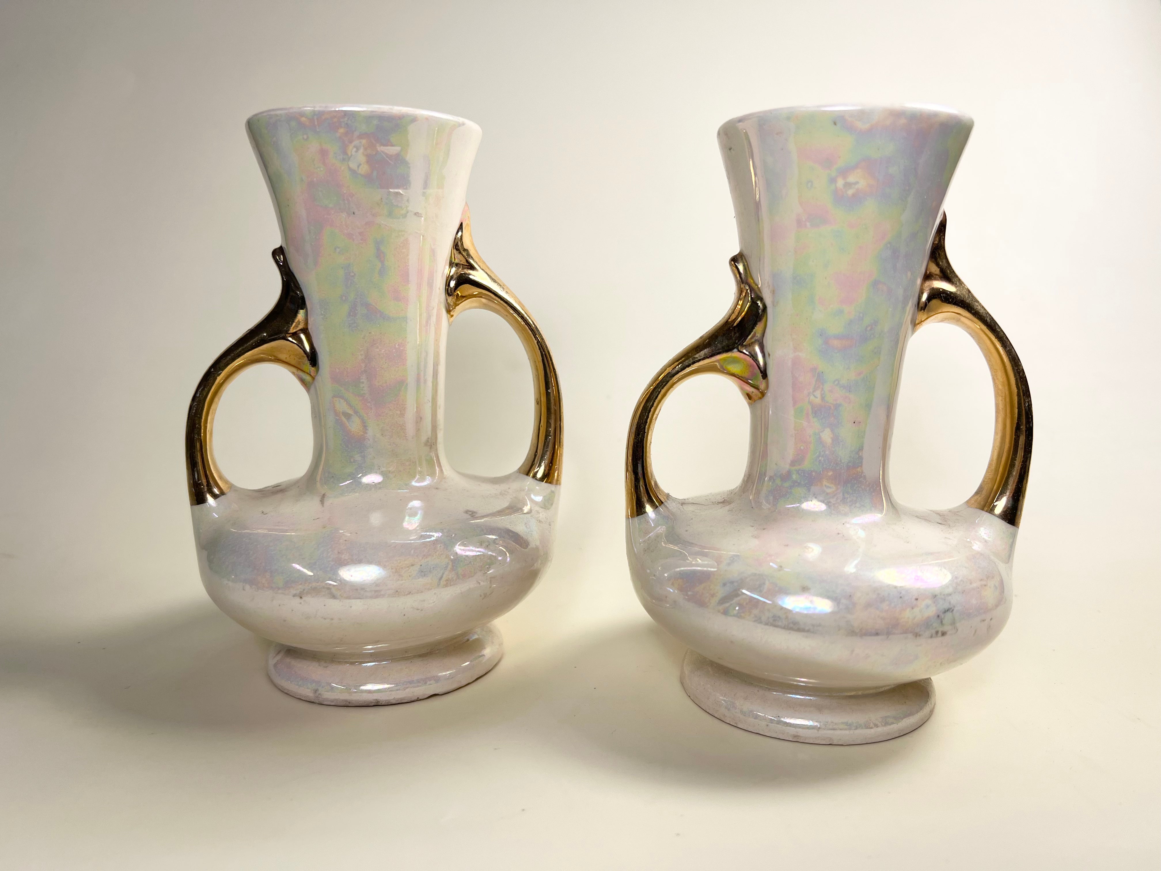 Pair of Iridescent Luster Vases with Gold Handles