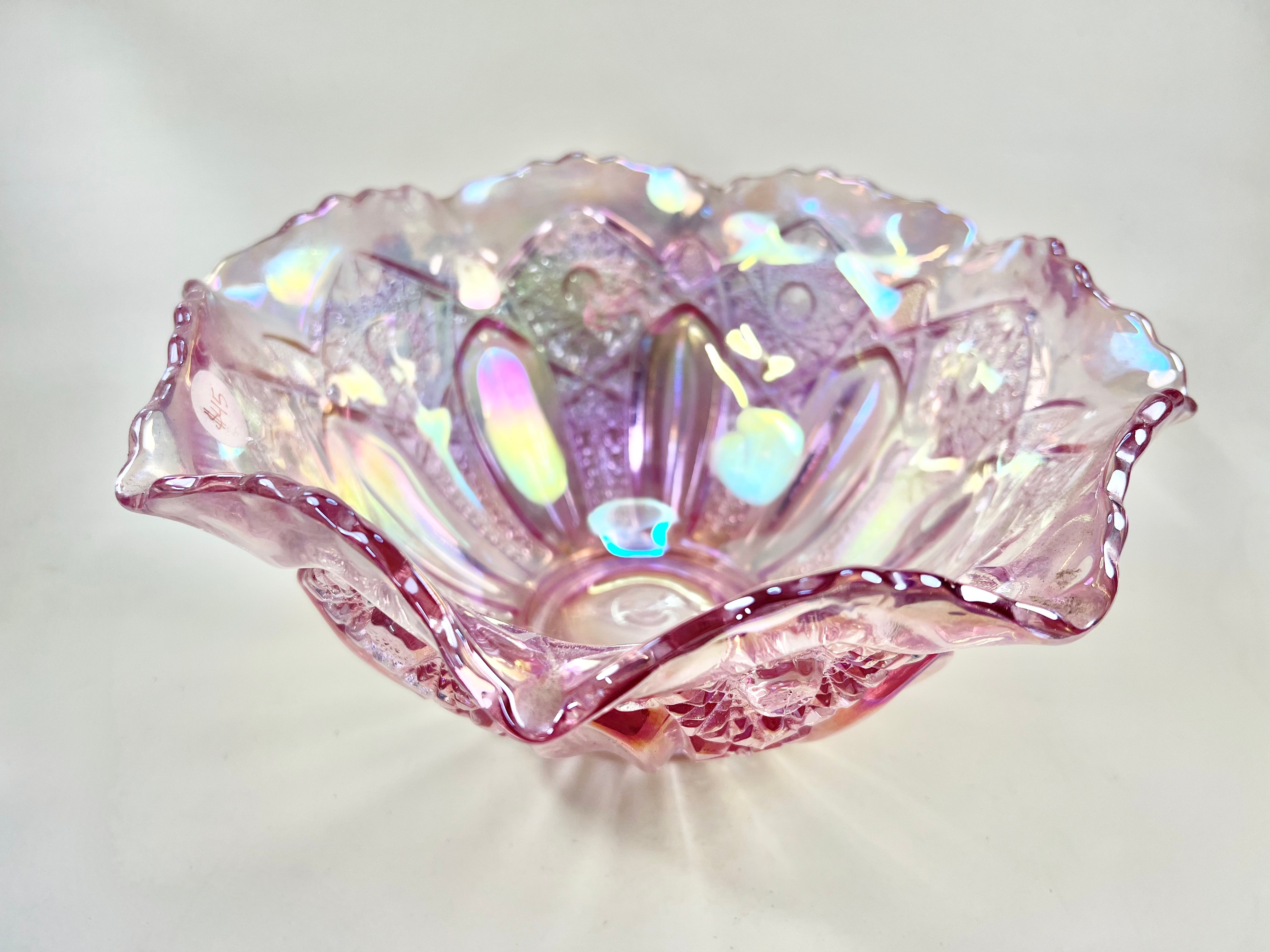Iridescent Pink Pressed Glass Large Bowl