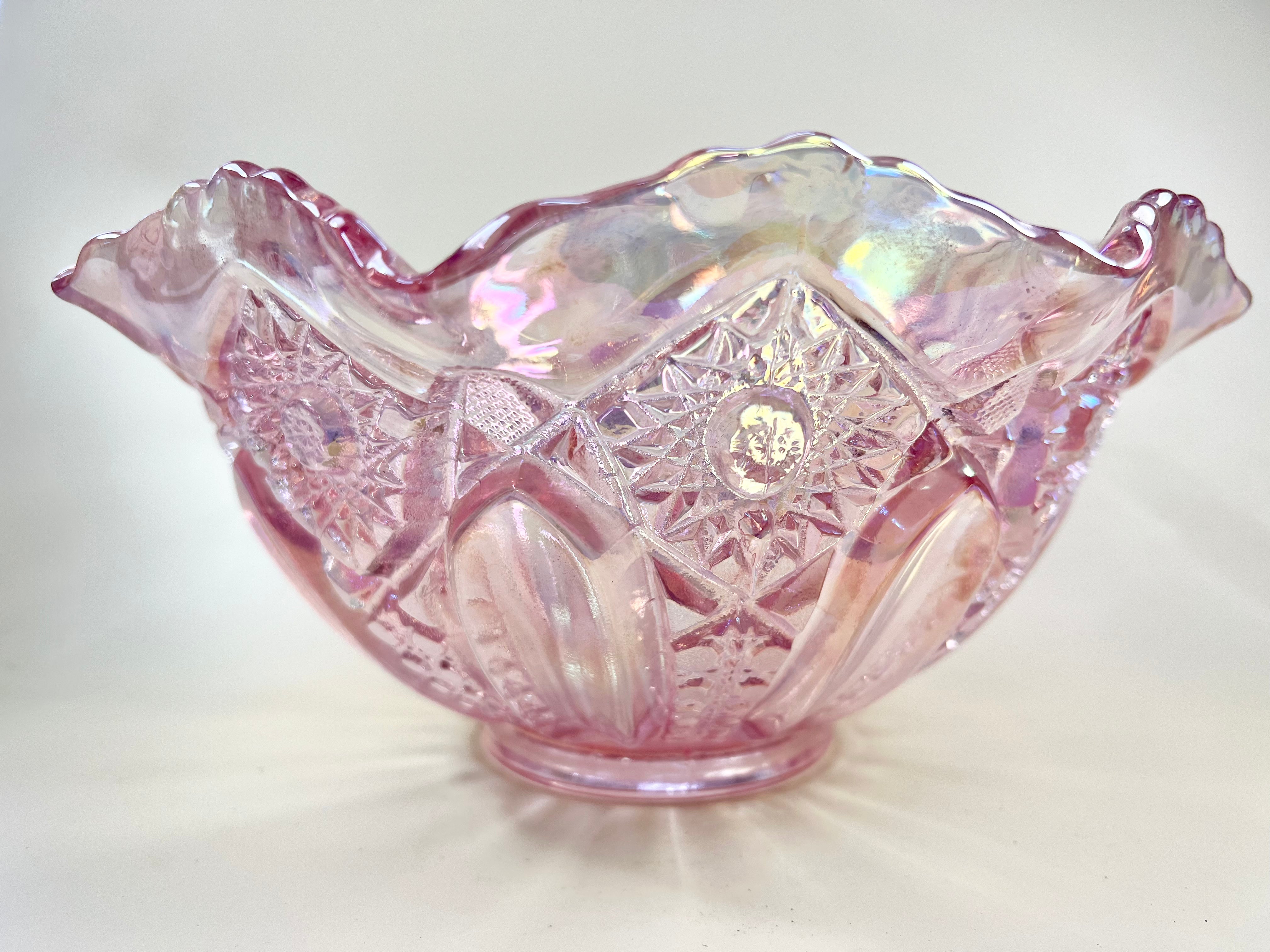 Iridescent Pink Pressed Glass Large Bowl