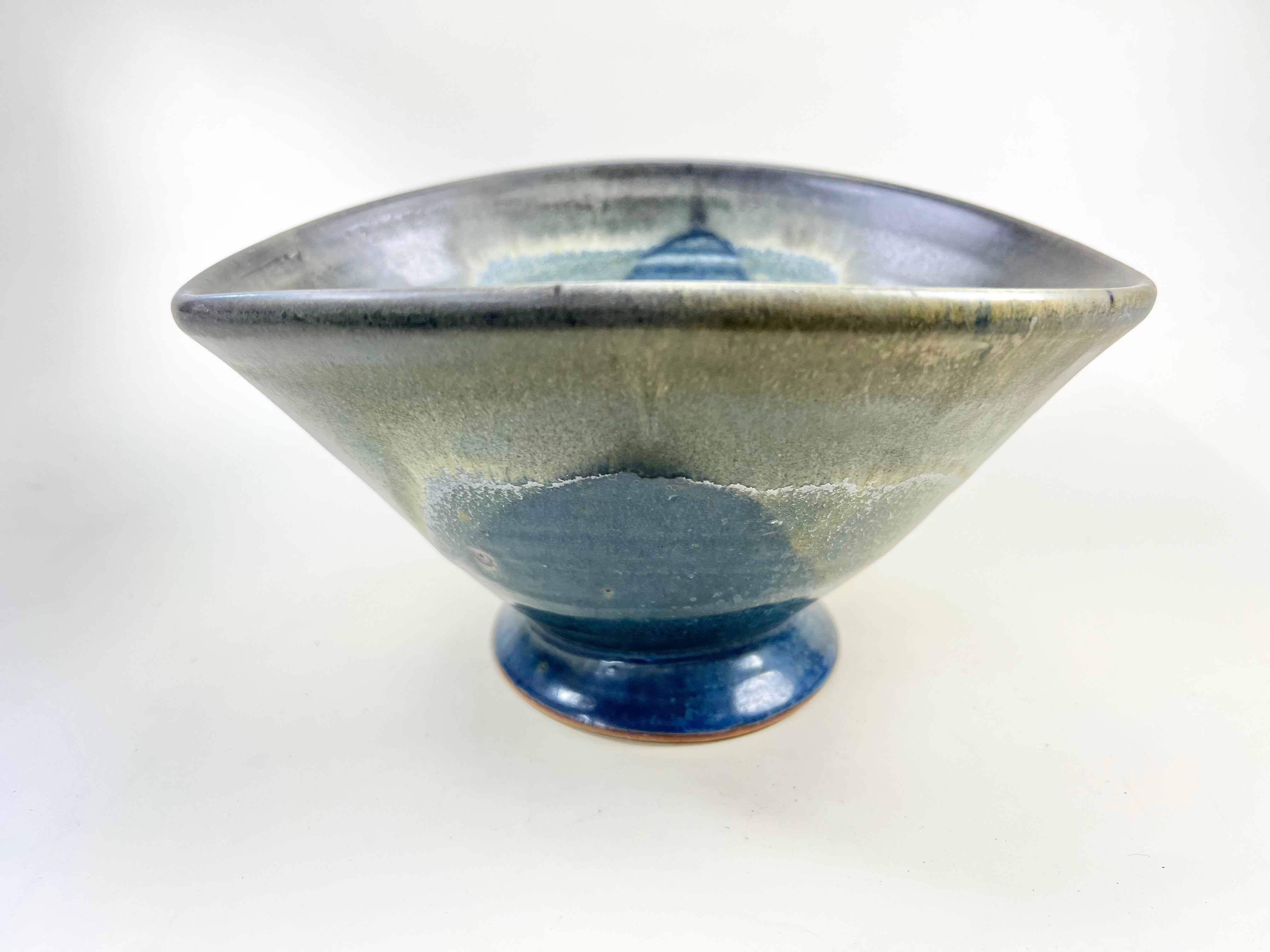 Unique Shaped Blue and Sage Glazed Pottery Footed Bowl