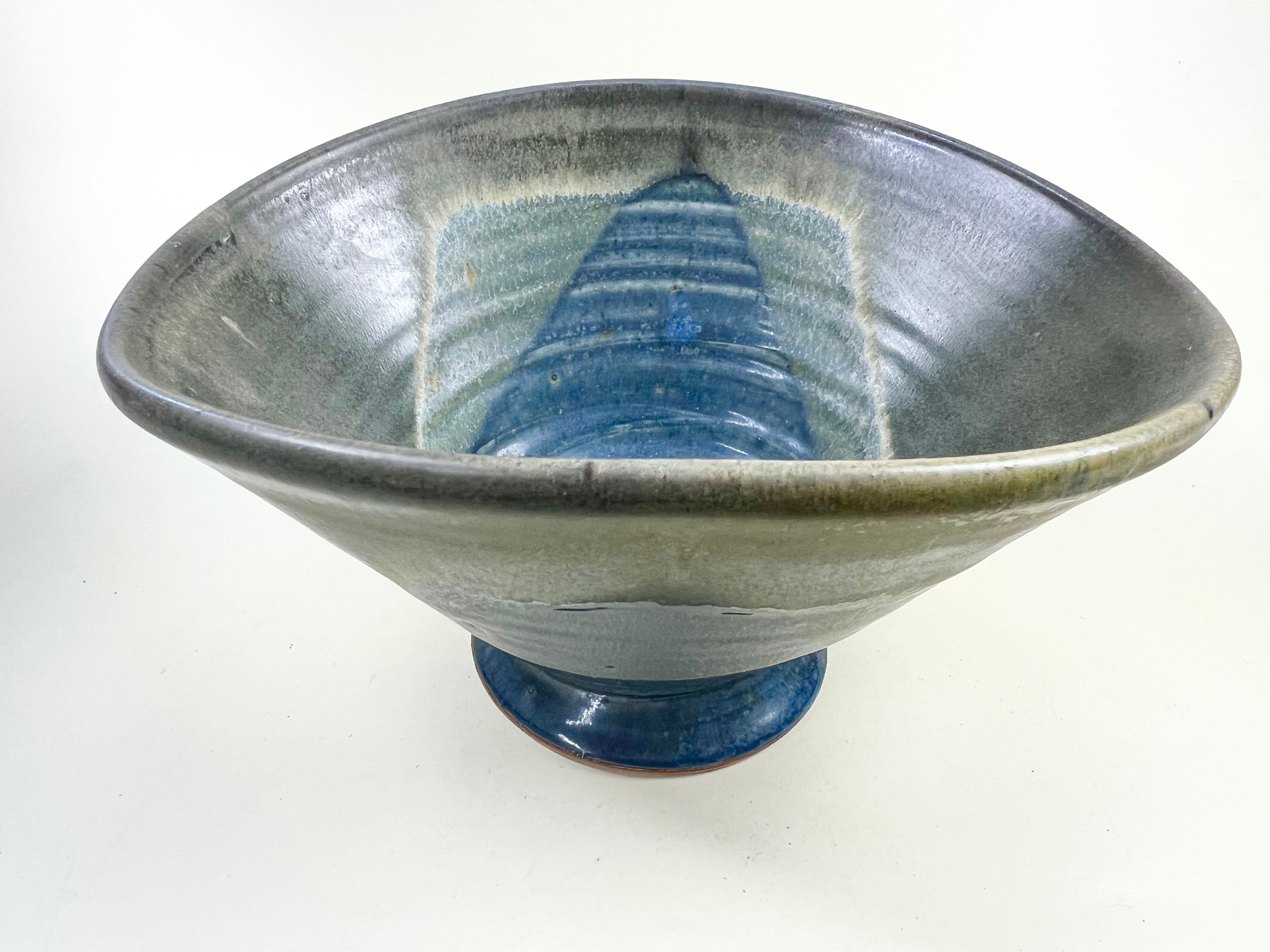 Unique Shaped Blue and Sage Glazed Pottery Footed Bowl