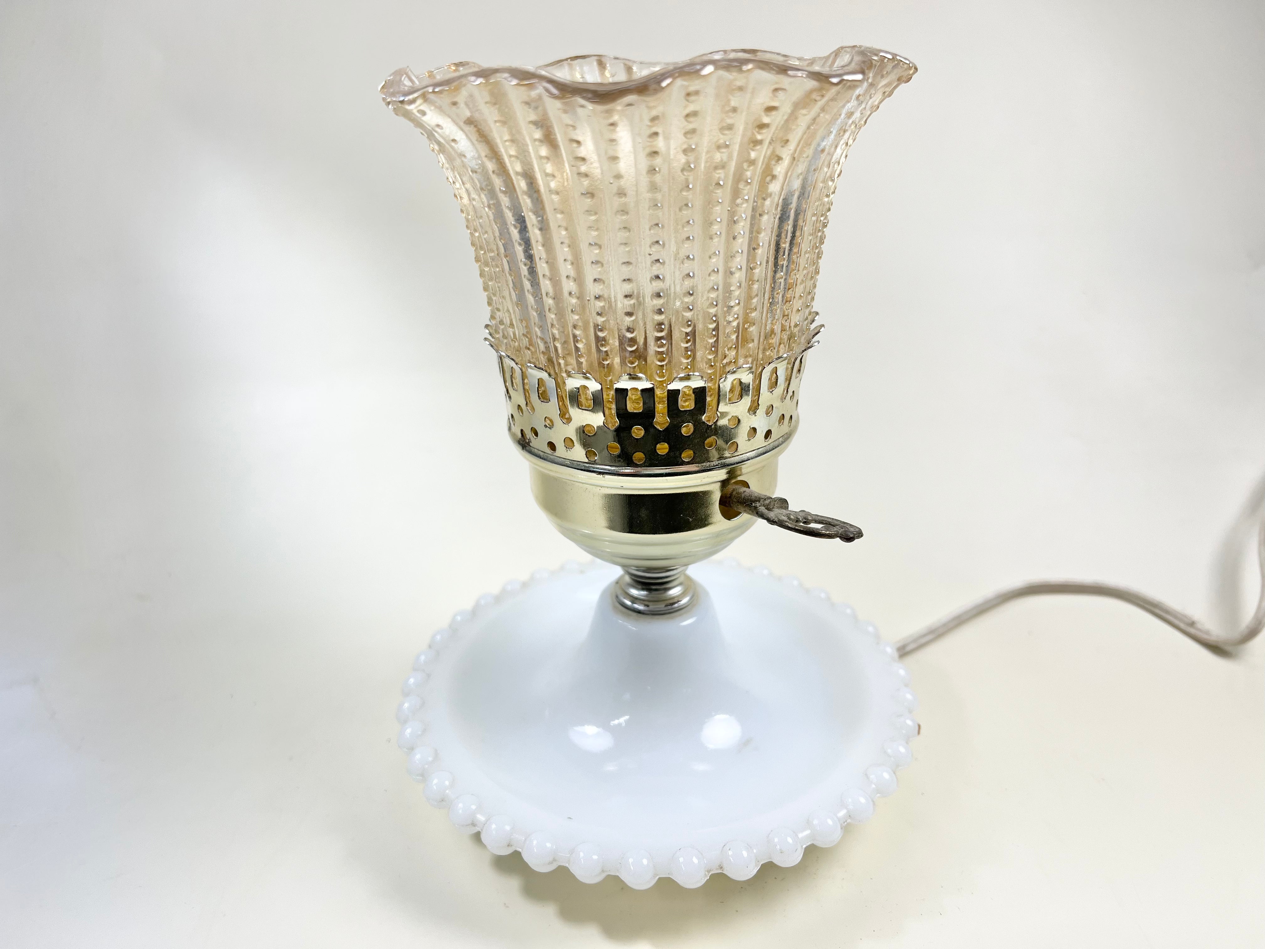 Small Milk Glass Base Table Lamp with Citrine Glass Shade