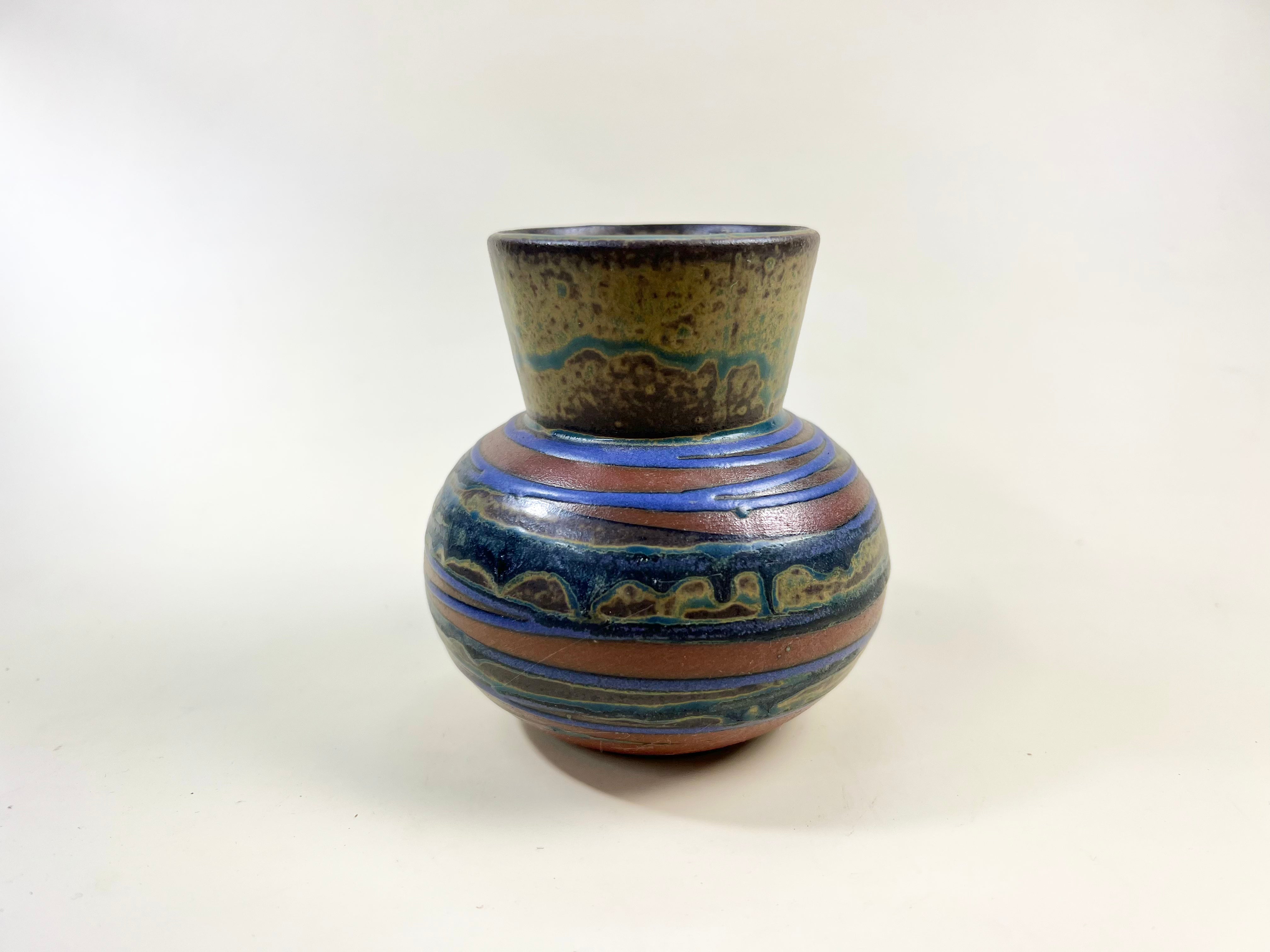 Small Electric Blue Striped Pottery Vase
