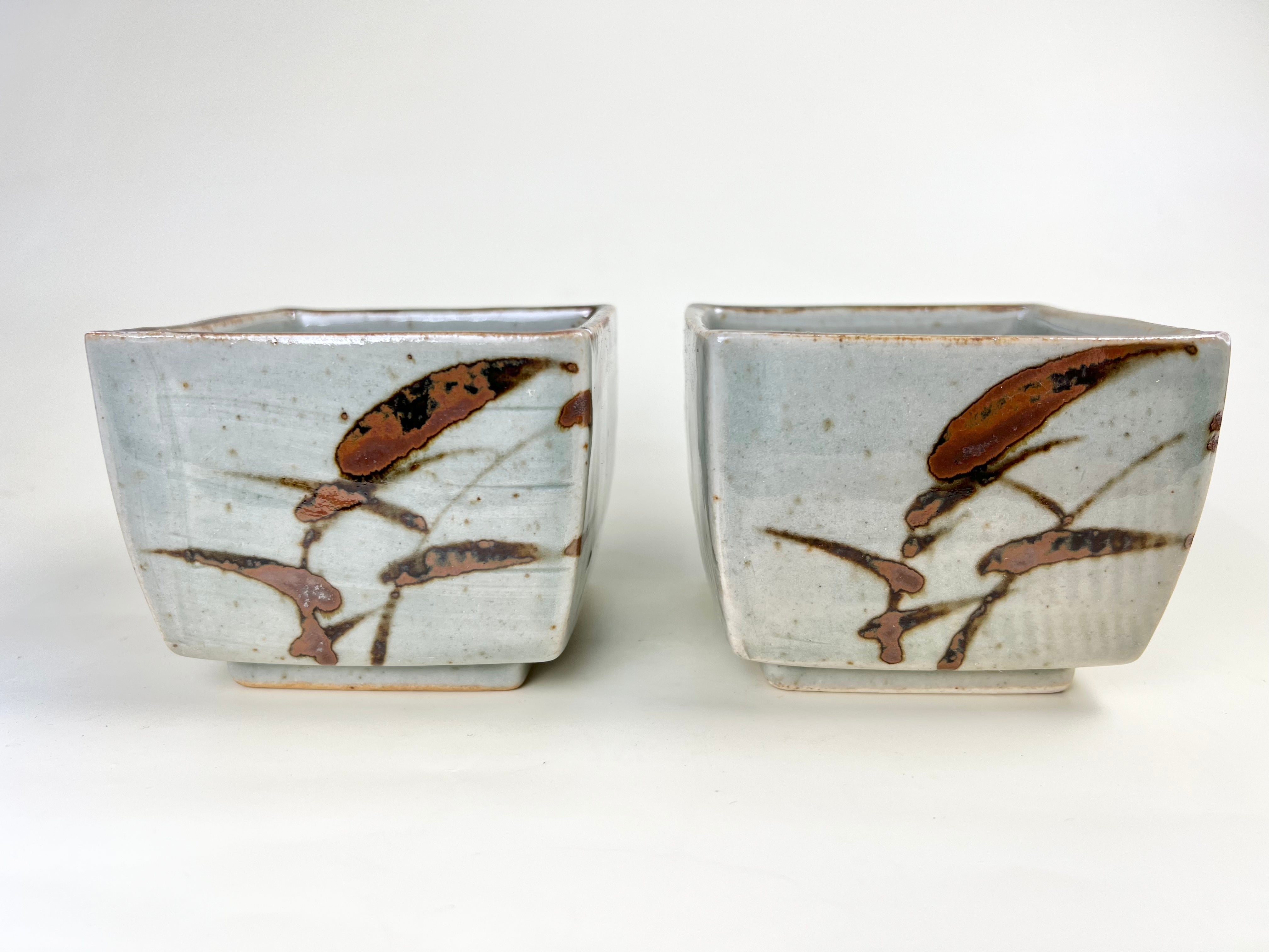 Pair of Square Glazed Pottery Bowls or Planters